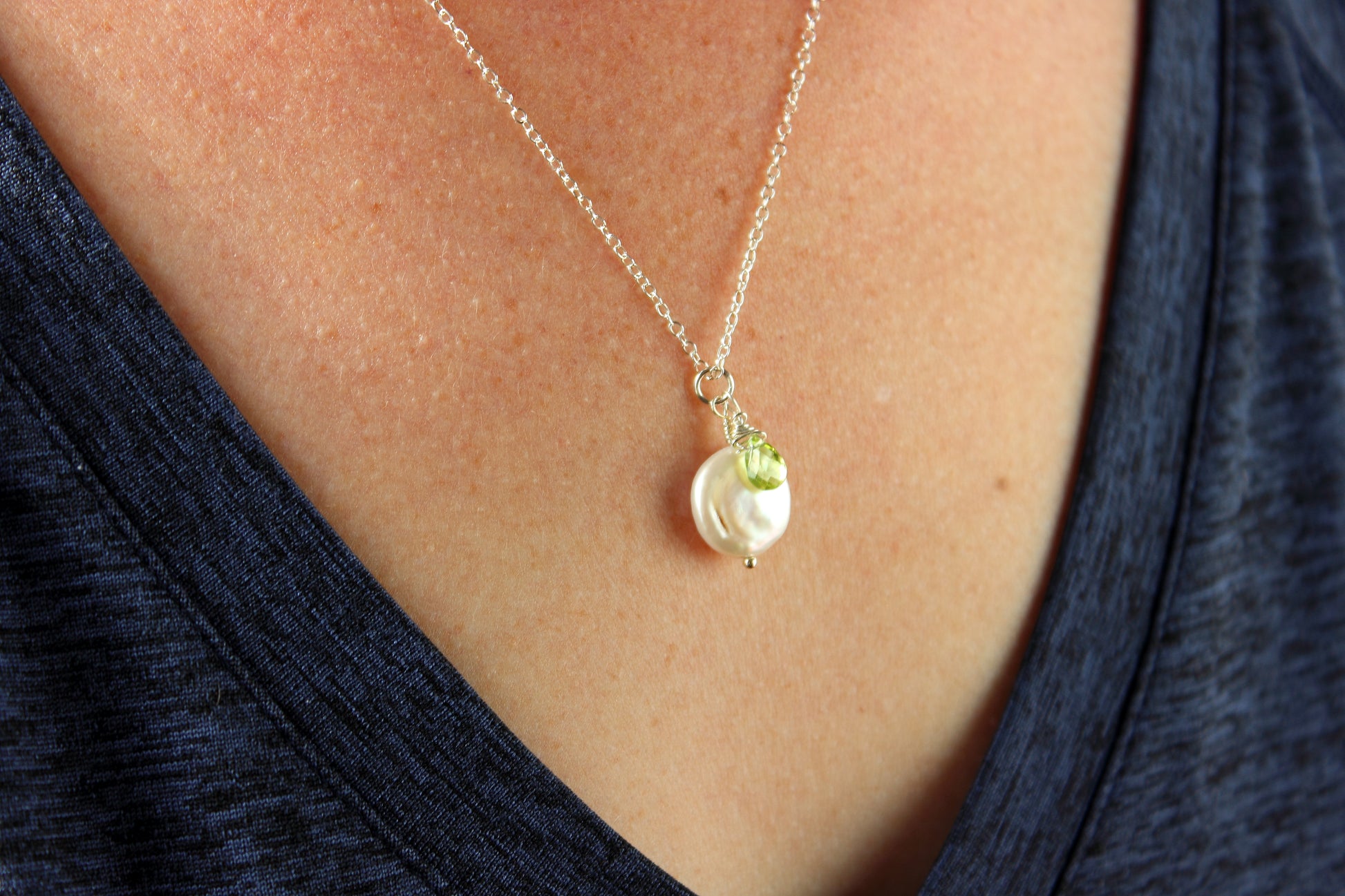 Coin pearl and peridot briolette necklace